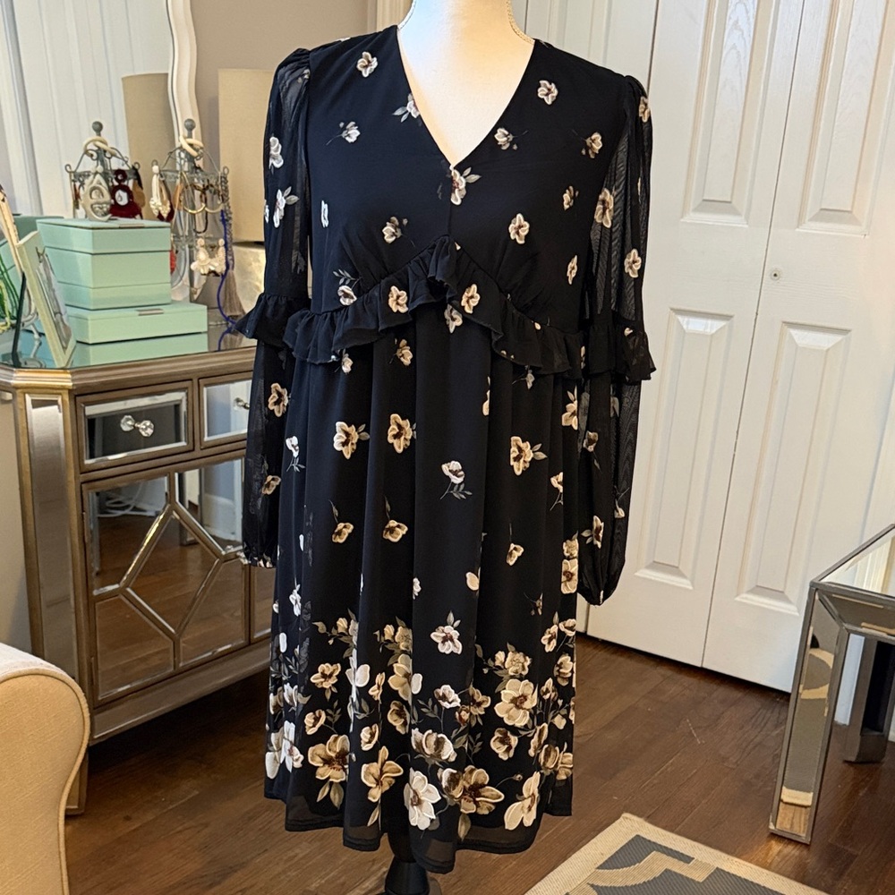 Ember Design - Super CUTE Floral Black Dress, Darling Ruffle Under Bust - Small